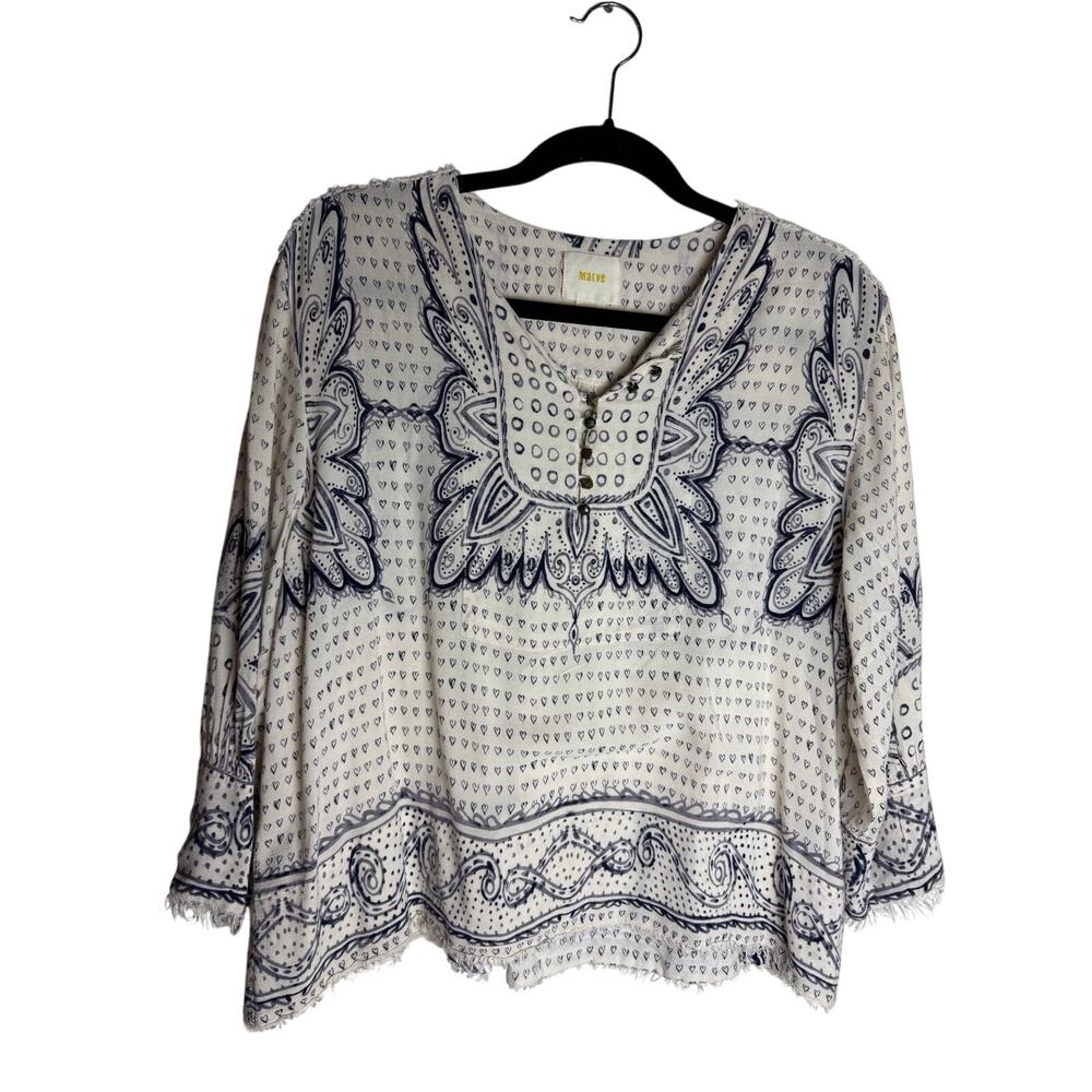 Anthropologie Maeve Navy & Ivory Boho Print Blouse Size Medium